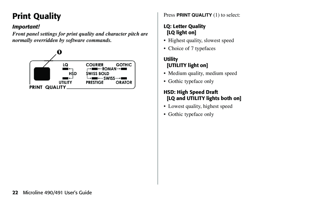 Oki manual Print Quality, LQ Letter Quality LQ light on, Utility UTILITY light on, Microline 490/491 User’s Guide 