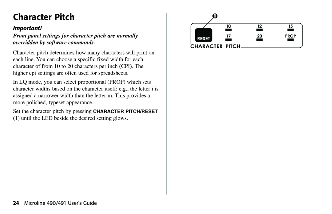 Oki 490 manual Character Pitch 