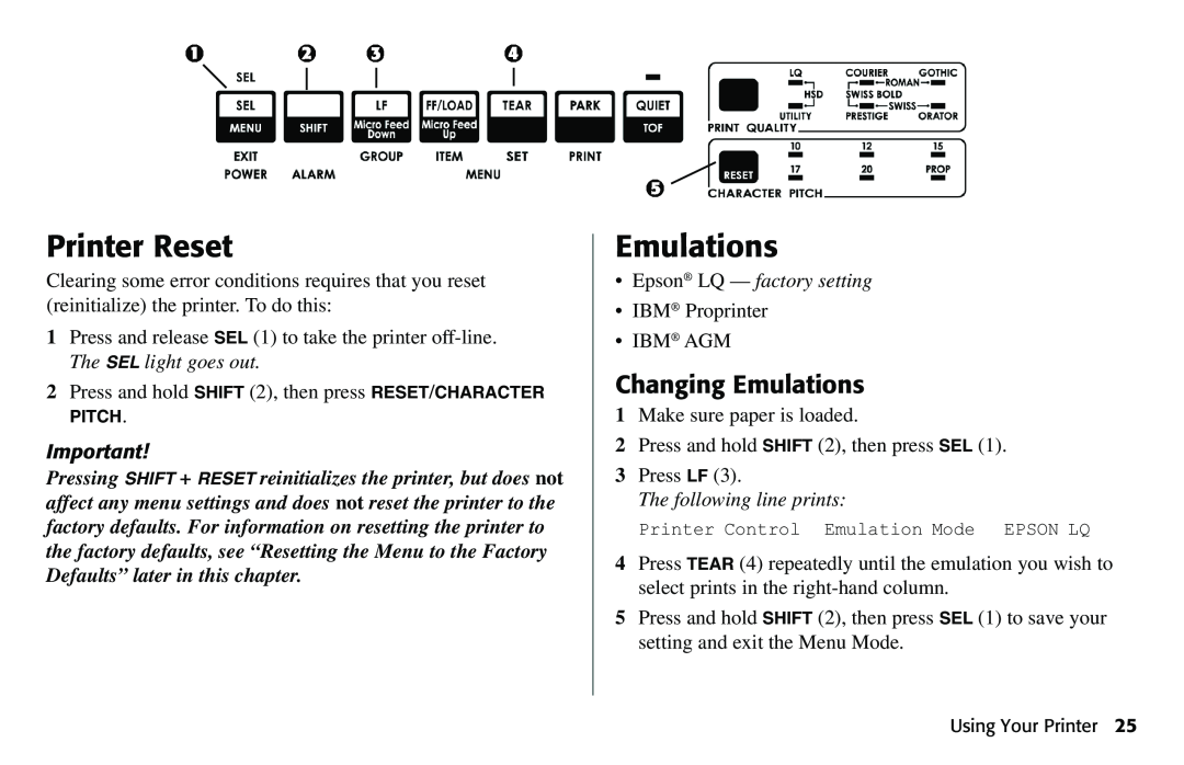 Oki 490 manual Printer Reset, Changing Emulations, Epson LQ - factory setting, The following line prints 