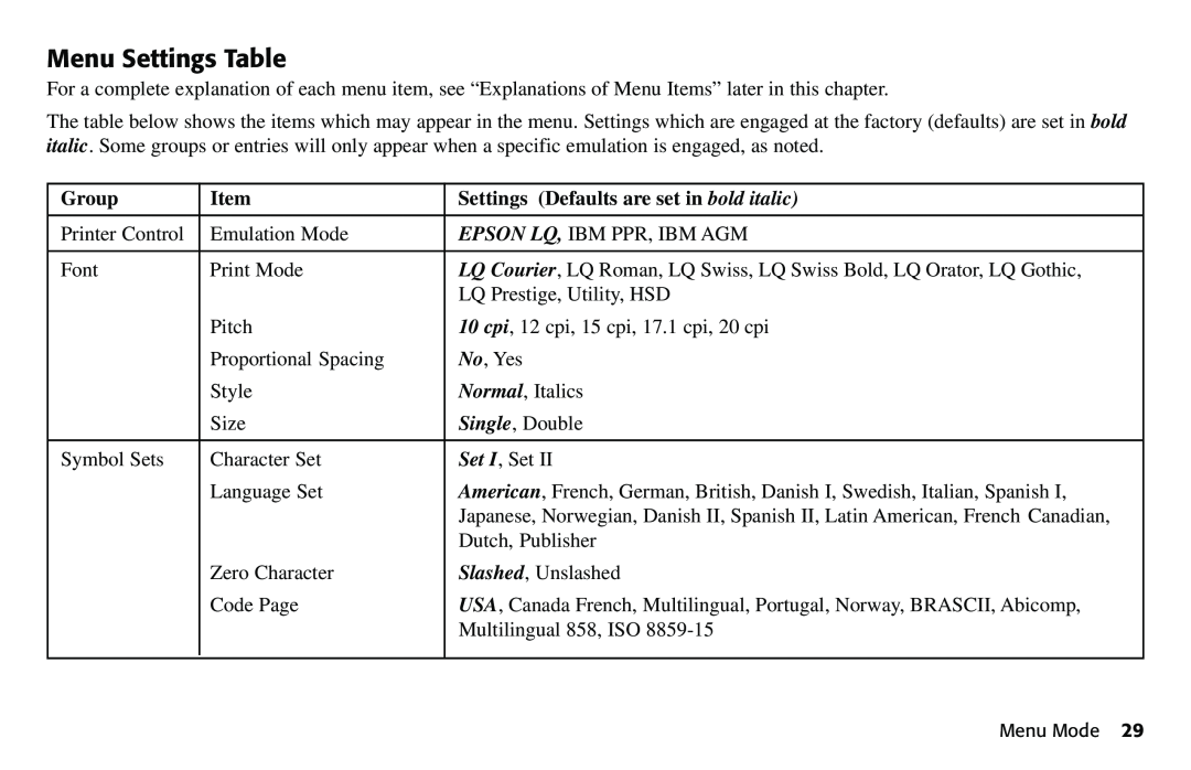 Oki 490 manual Menu Settings Table, Group, Settings Defaults are set in bold italic 