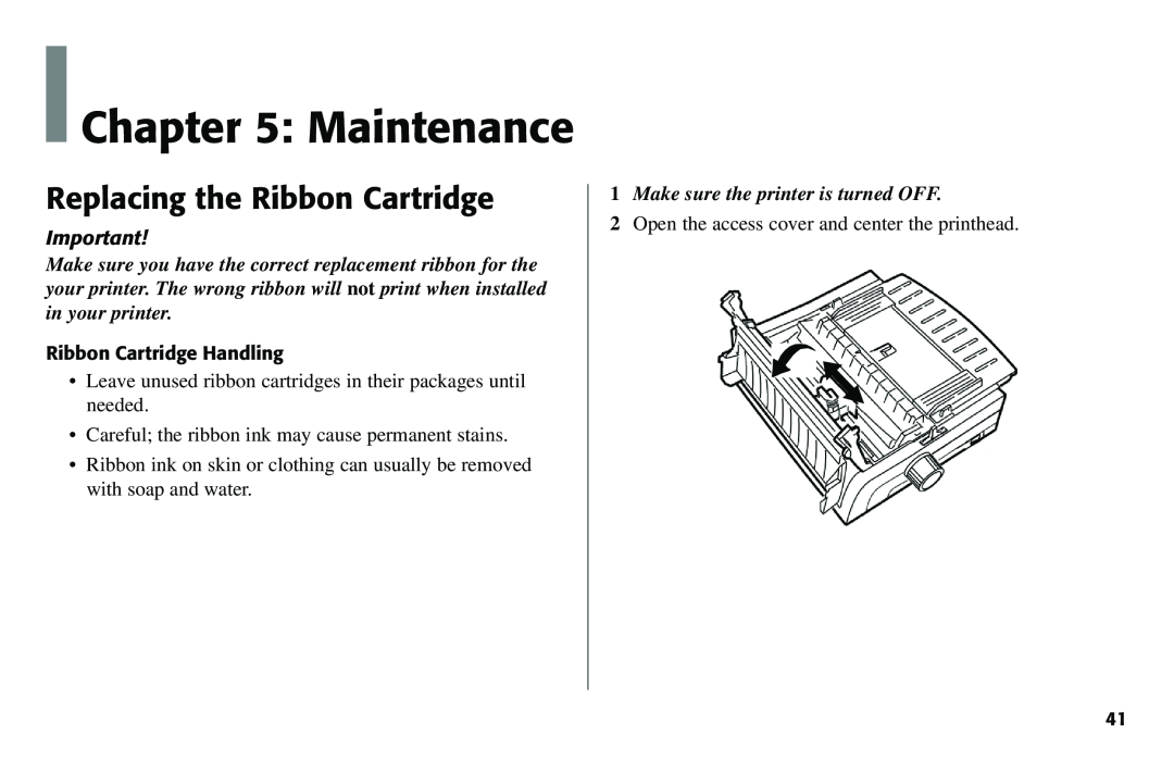 Oki 490 manual Maintenance, Replacing the Ribbon Cartridge, Make sure the printer is turned OFF 