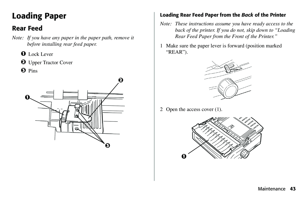 Oki 490 manual Loading Paper, Loading Rear Feed Paper from the Back of the Printer, Maintenance 