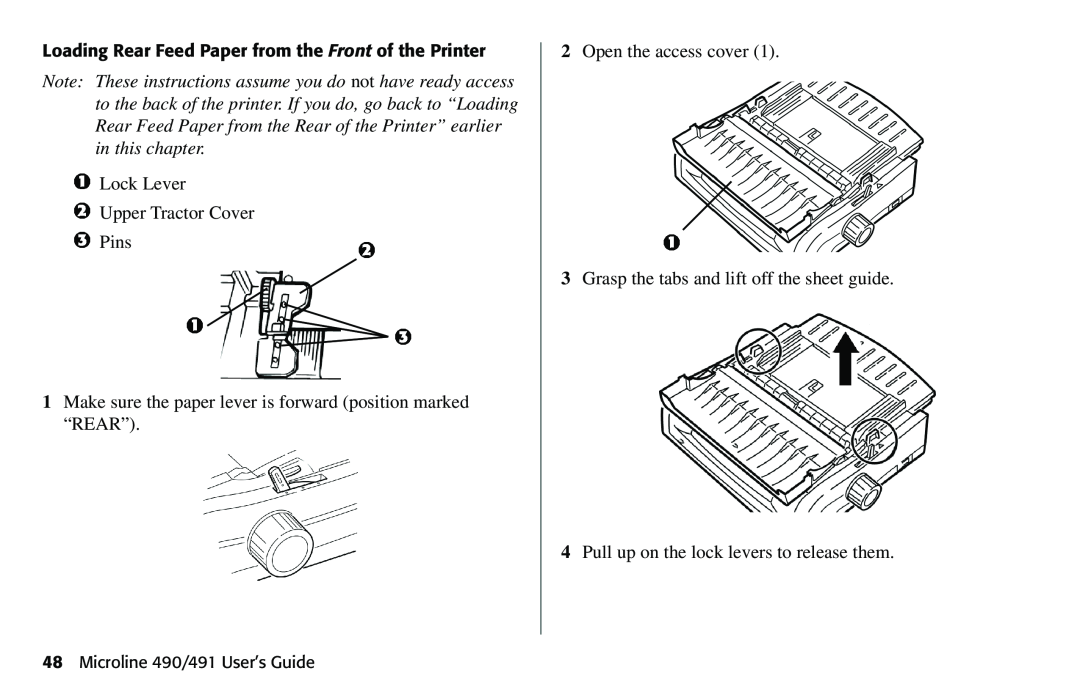 Oki manual Loading Rear Feed Paper from the Front of the Printer, Microline 490/491 User’s Guide 