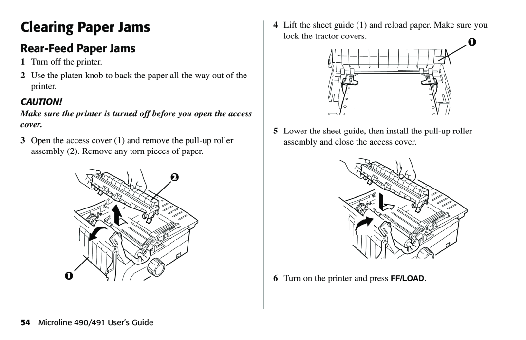Oki 490 Clearing Paper Jams, Rear-Feed Paper Jams, Make sure the printer is turned off before you open the access cover 