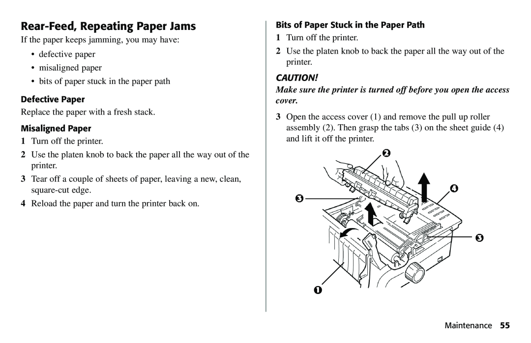 Oki 490 manual Rear-Feed, Repeating Paper Jams, Make sure the printer is turned off before you open the access cover 