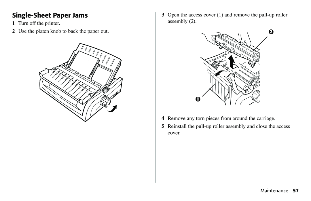 Oki 490 manual Single-Sheet Paper Jams, Turn off the printer 2 Use the platen knob to back the paper out, Maintenance 