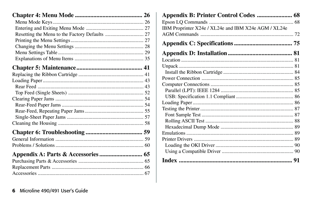 Oki 490 Menu Mode, Maintenance, Troubleshooting, Appendix A Parts & Accessories, Appendix B Printer Control Codes, Index 
