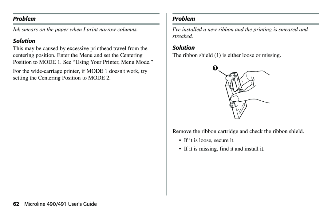 Oki 490 manual Ink smears on the paper when I print narrow columns, Problem, Solution 