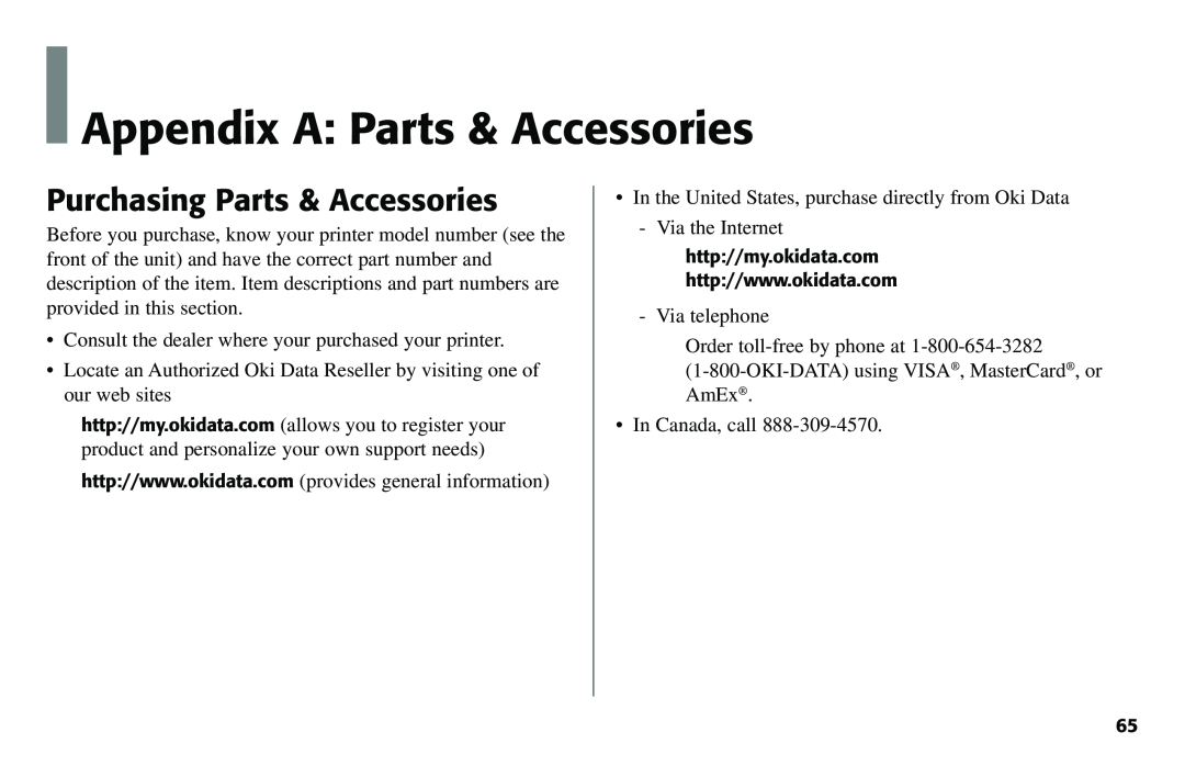Oki 490 manual Appendix A Parts & Accessories, Purchasing Parts & Accessories 