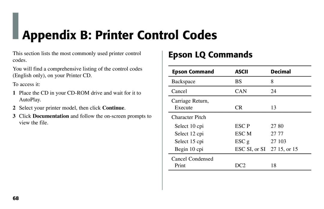 Oki 490 manual Appendix B Printer Control Codes, Epson LQ Commands 