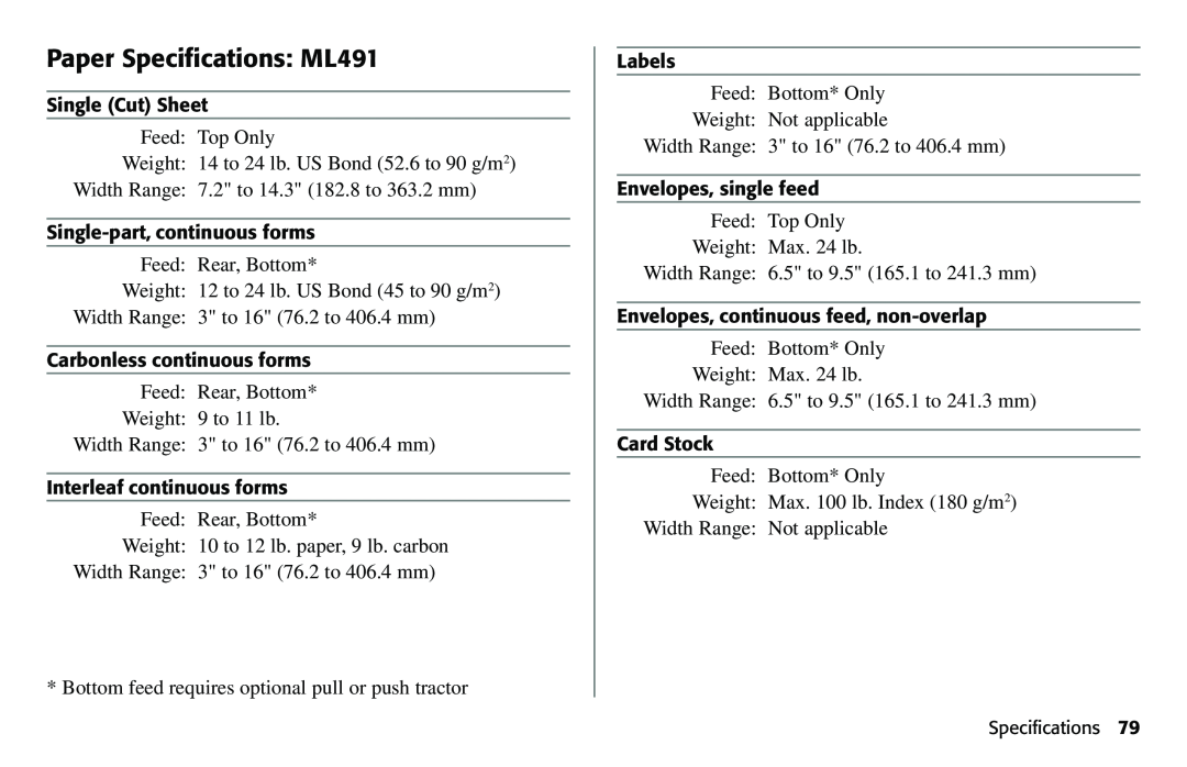 Oki 490 manual Paper Specifications ML491 