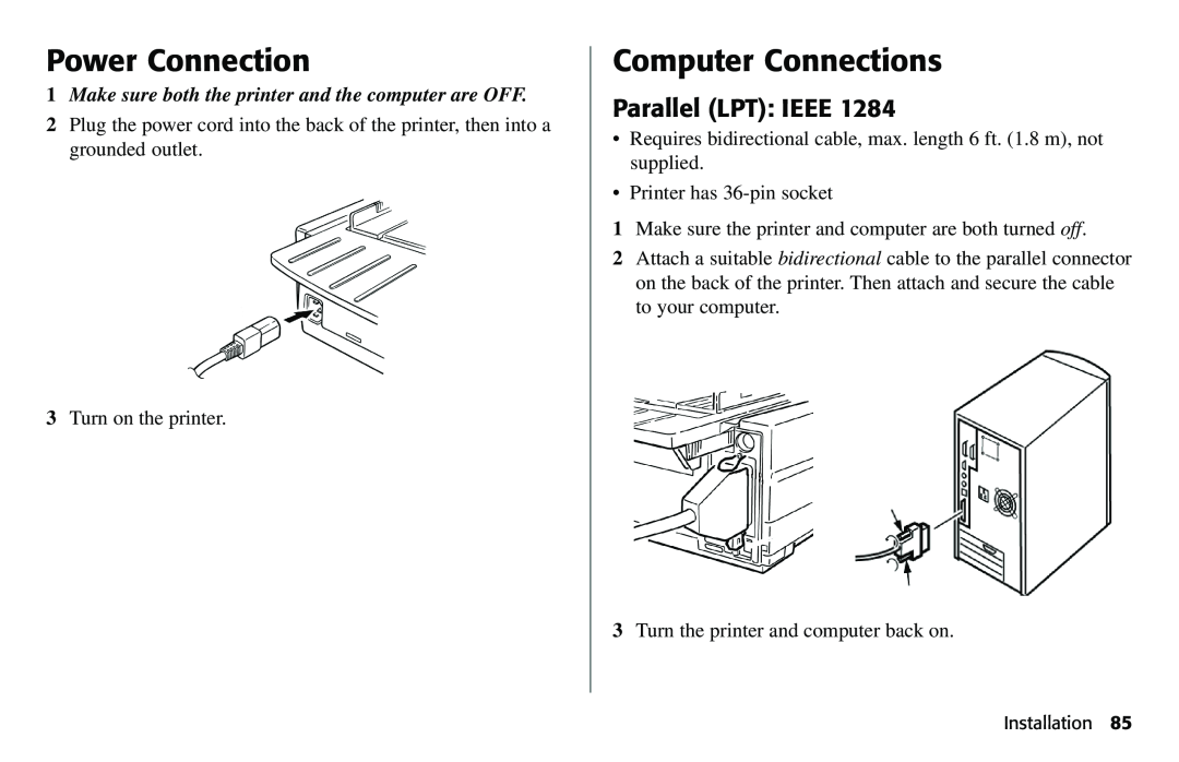 Oki 490 Power Connection, Computer Connections, Parallel LPT IEEE, Make sure both the printer and the computer are OFF 
