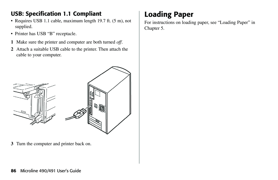Oki manual USB Specification 1.1 Compliant, Loading Paper, Microline 490/491 User’s Guide 
