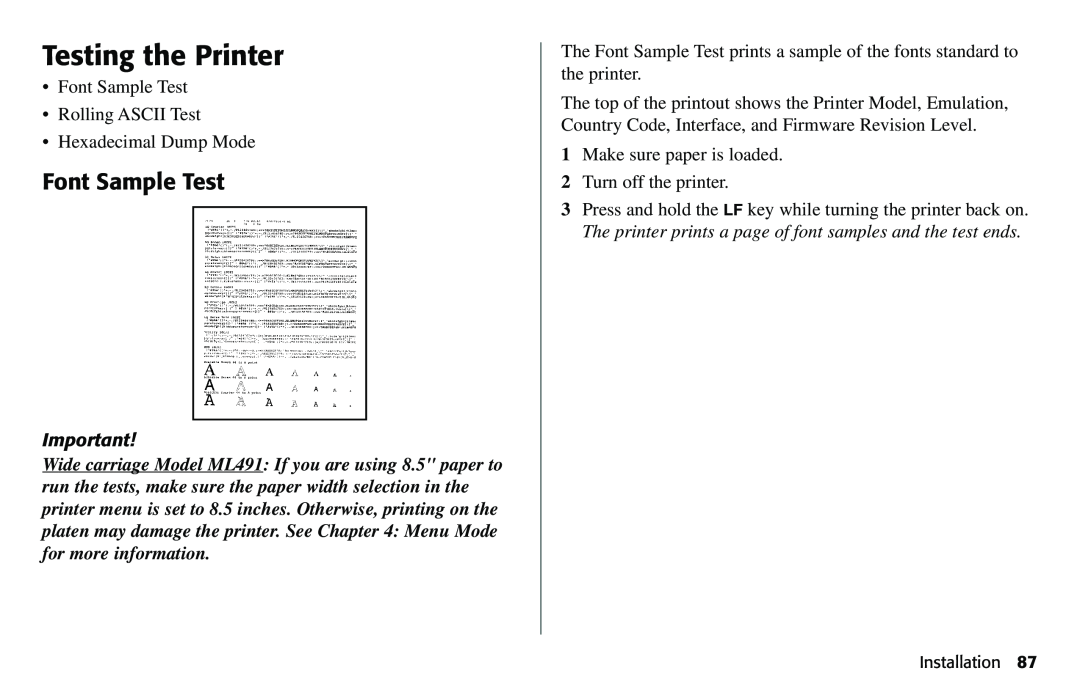 Oki 490 manual Testing the Printer, Font Sample Test 