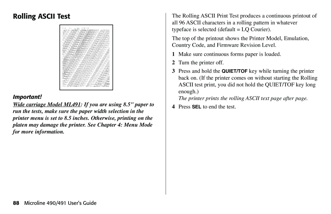 Oki 490 manual Rolling ASCII Test, The printer prints the rolling ASCII text page after page 