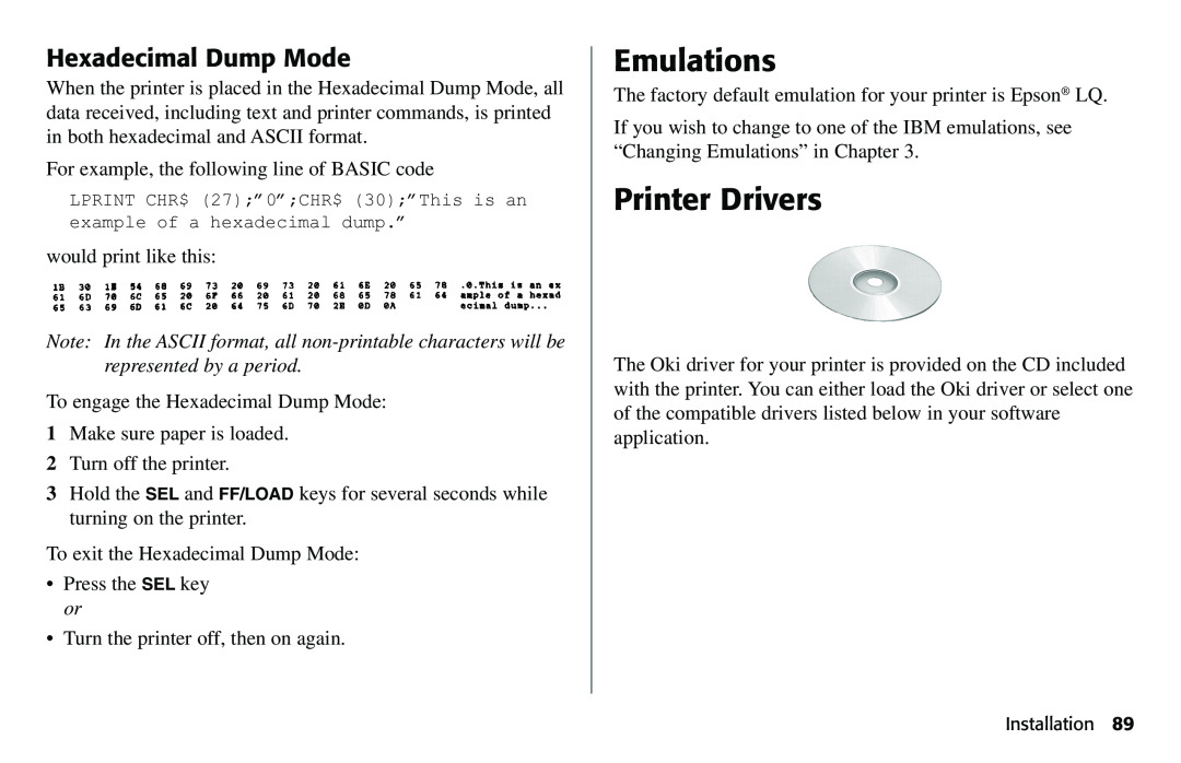 Oki 490 manual Printer Drivers, Hexadecimal Dump Mode, Emulations 