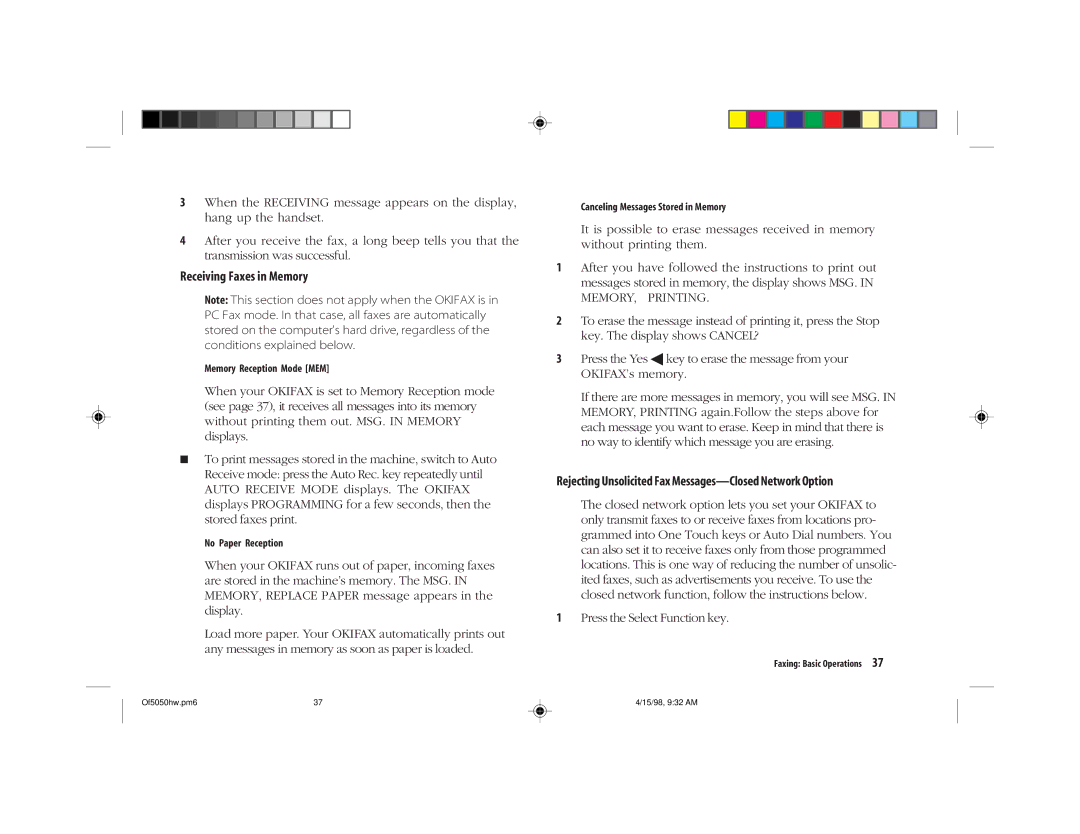 Oki 5050 manual Receiving Faxes in Memory 