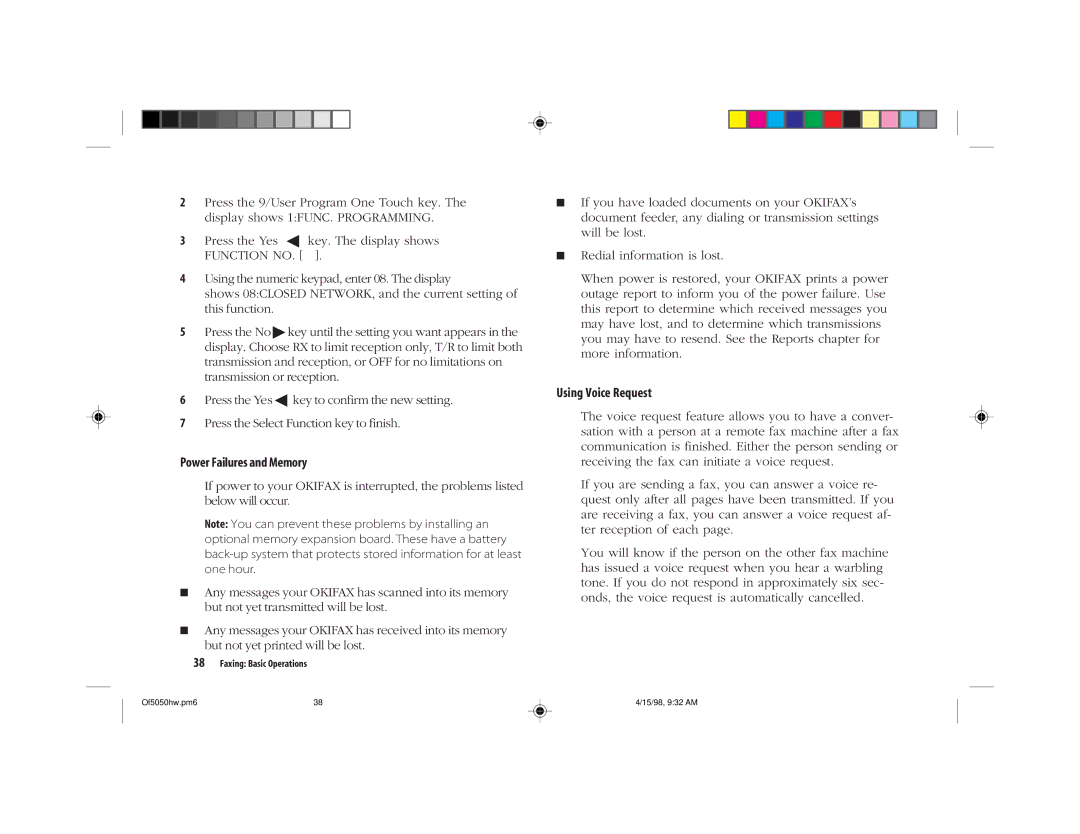 Oki 5050 manual Power Failures and Memory 