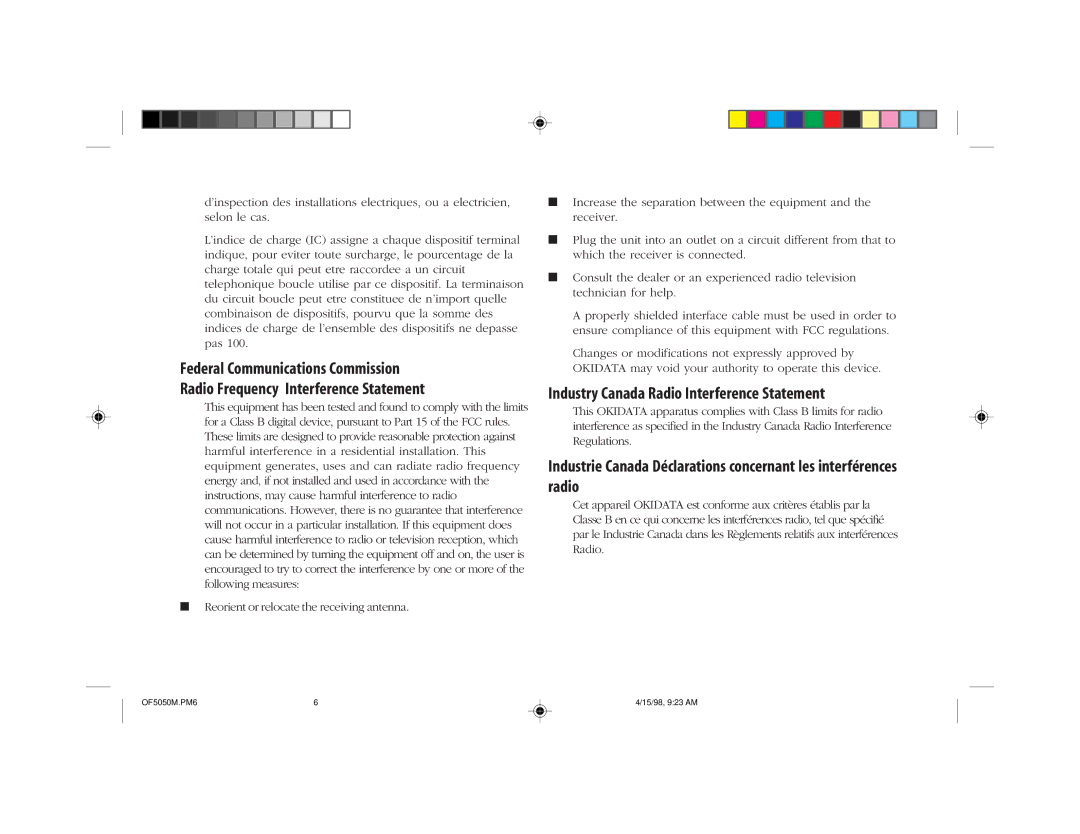 Oki 5050 manual Industry Canada Radio Interference Statement 