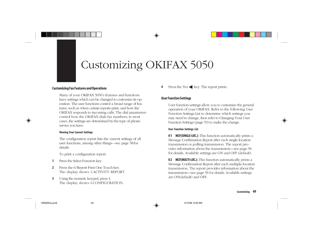 Oki 5050 manual Customizing Okifax 