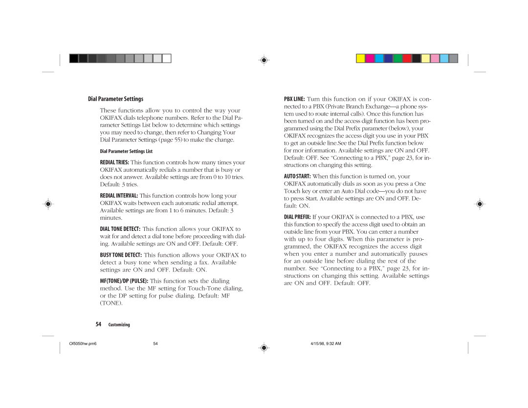 Oki 5050 manual Dial Parameter Settings 