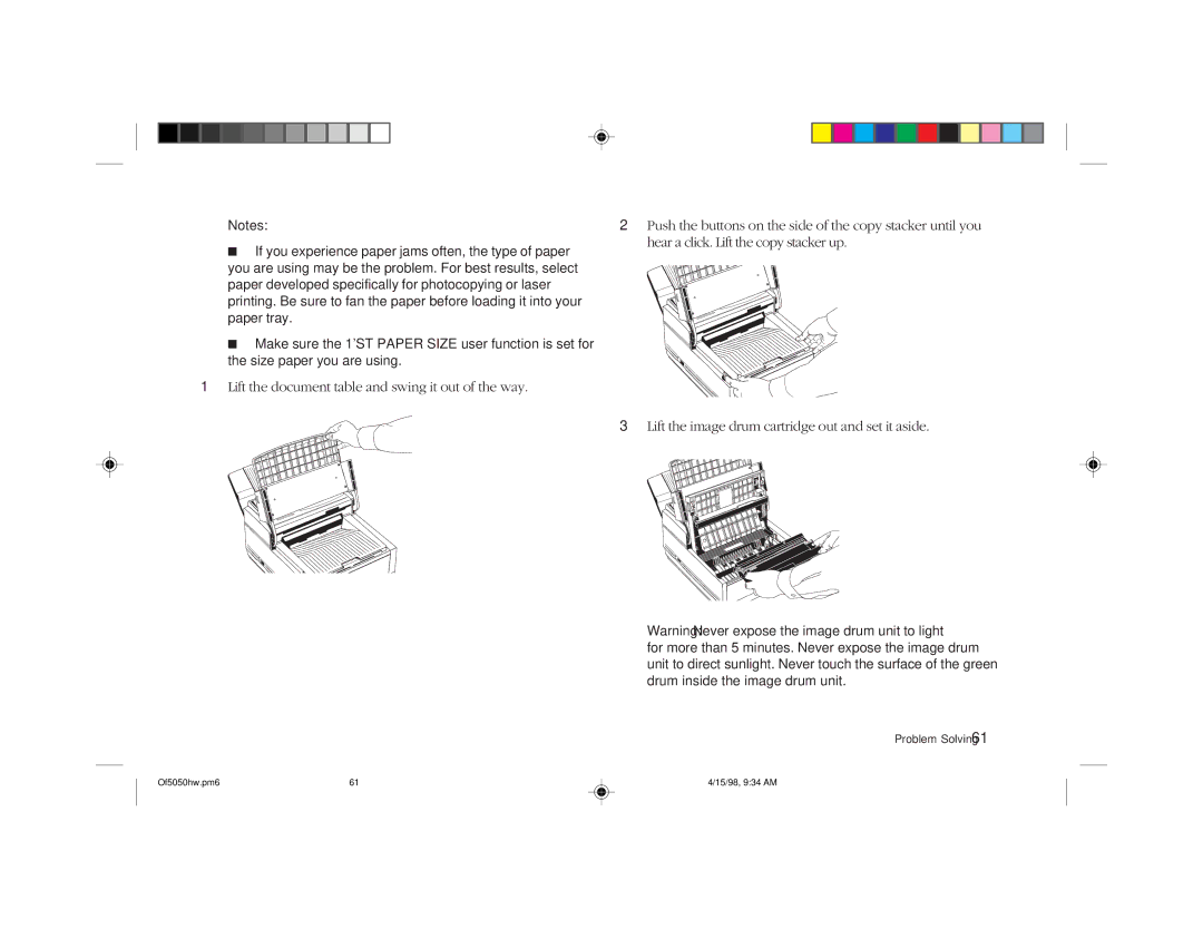 Oki 5050 manual Push the buttons on the side of the copy stacker until you 