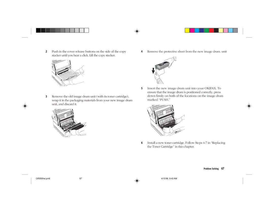 Oki 5050 manual Push in the cover release buttons on the side of the copy 