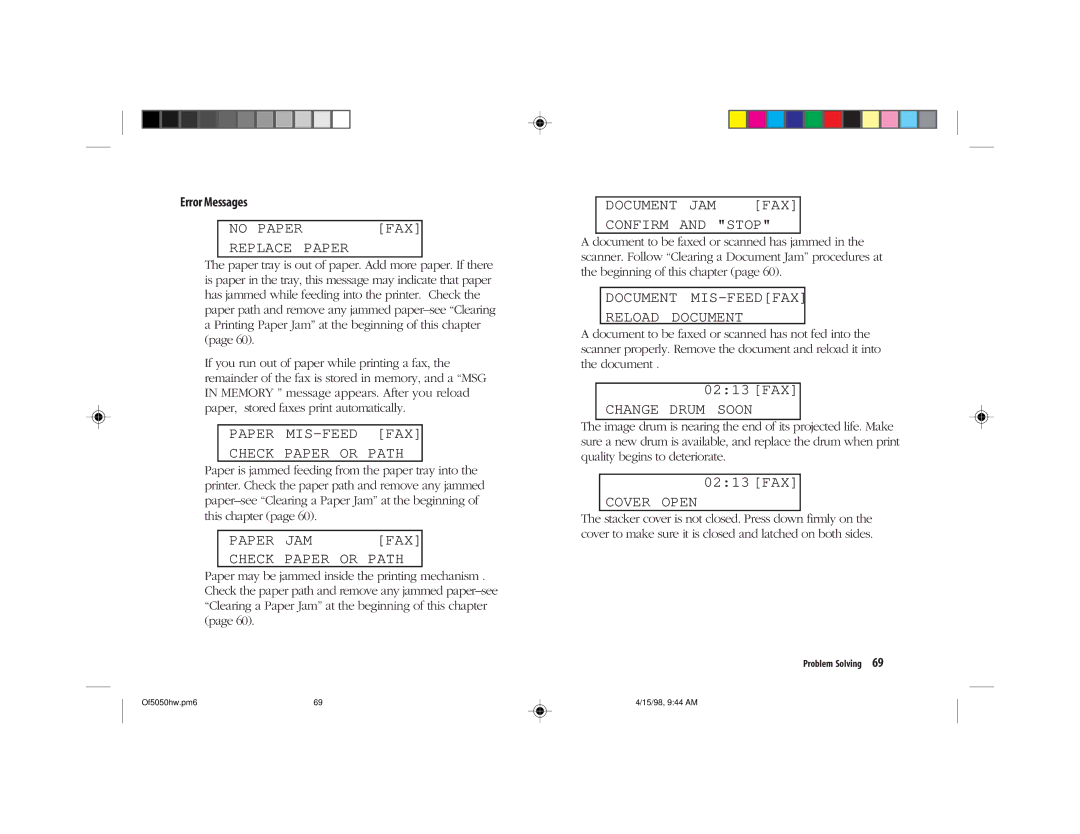 Oki 5050 manual No Paper FAX Replace Paper 