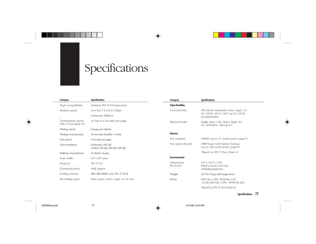 Oki 5050 manual Specifications, ITU-T G3 