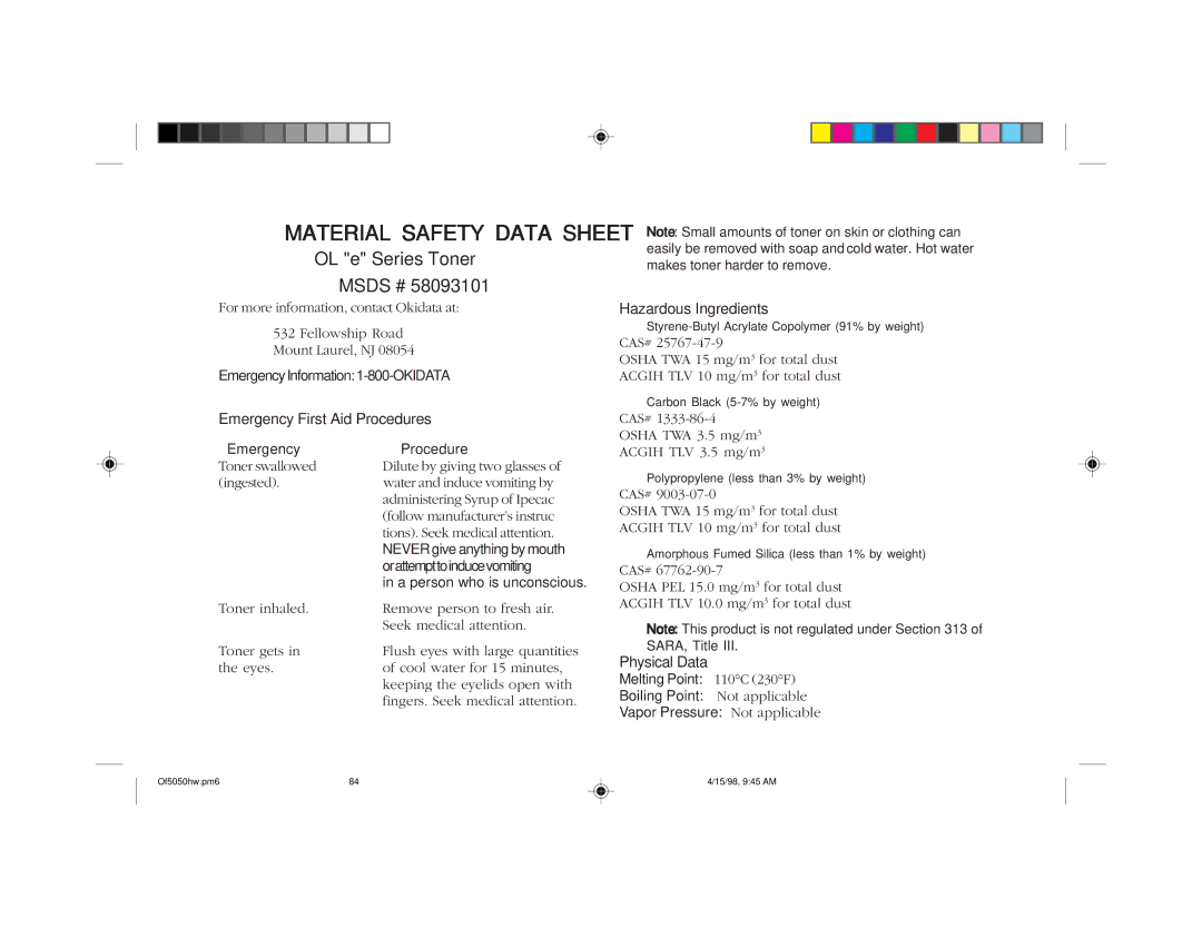 Oki 5050 manual Material Safety Data Sheet 