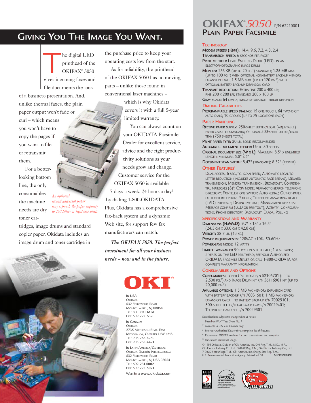 Oki manual OKIFAX5050 P/N, Modem Speeds Kbps 14.4, 9.6, 7.2, 4.8, Weight 28.7 LB KG, 20,000 PG.5 