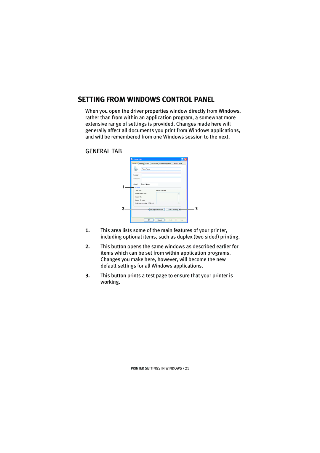 Oki 5100n manual Setting from Windows Control Panel, General TAB 