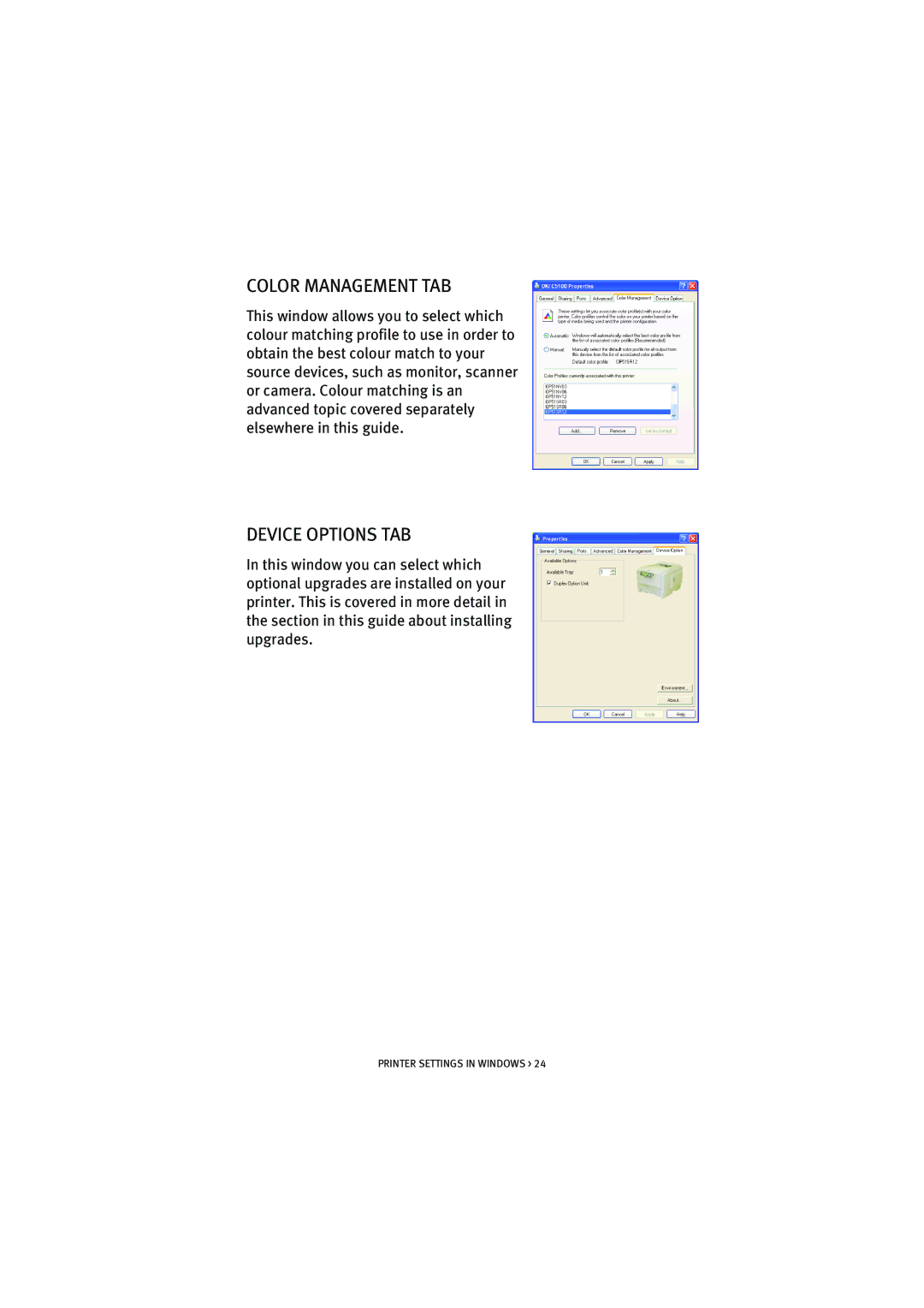 Oki 5100n manual Color Management TAB, Device Options TAB 