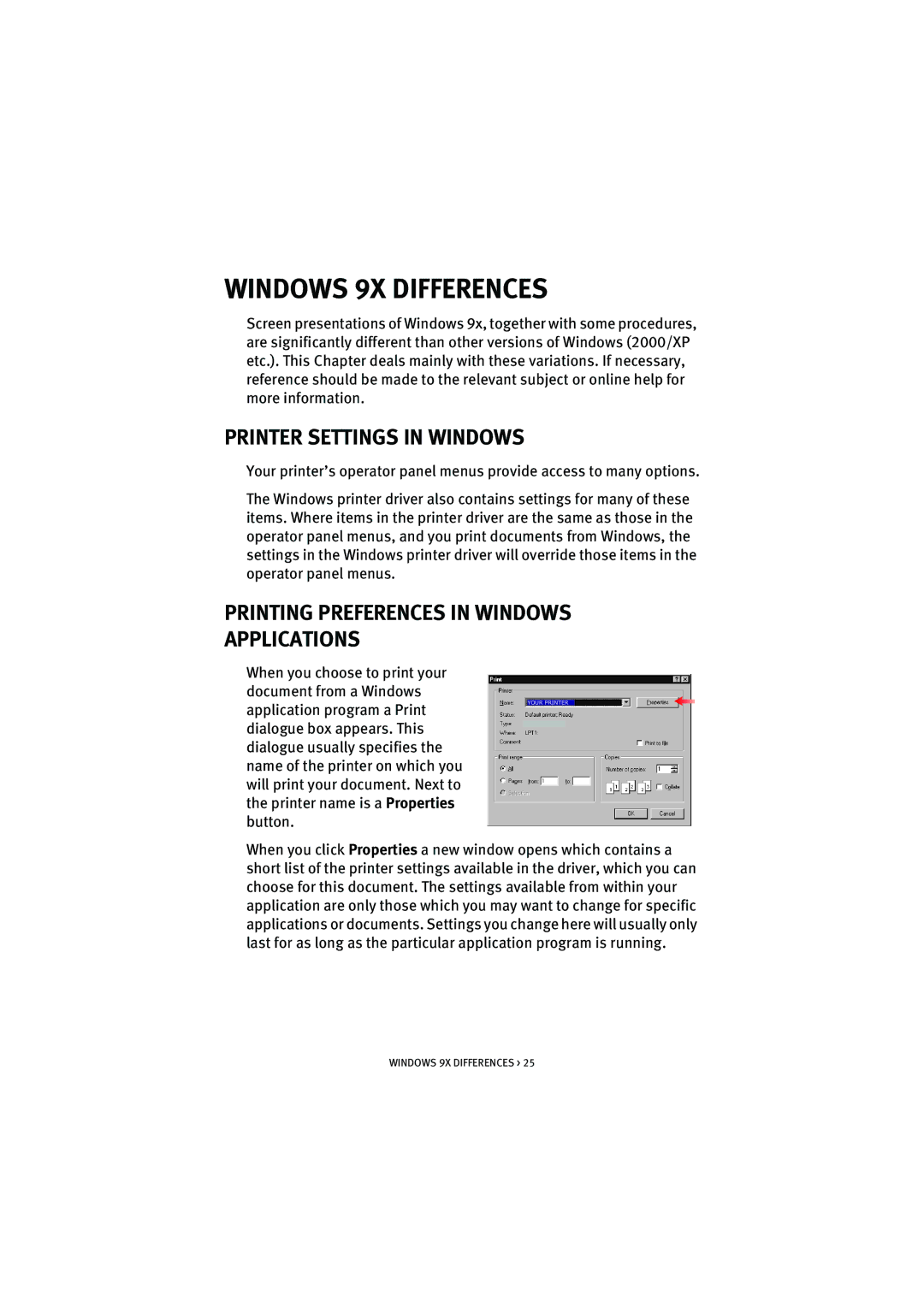 Oki 5100n manual Windows 9X Differences, Printer Settings in Windows 