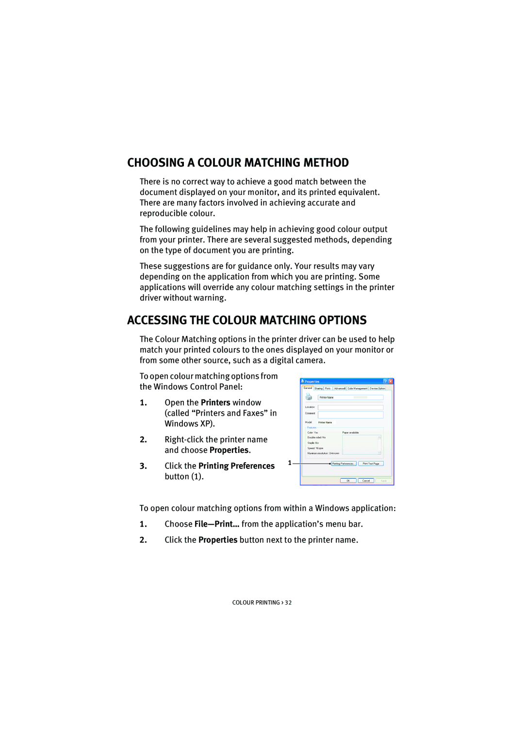 Oki 5100n manual Choosing a Colour Matching Method, Accessing the Colour Matching Options 