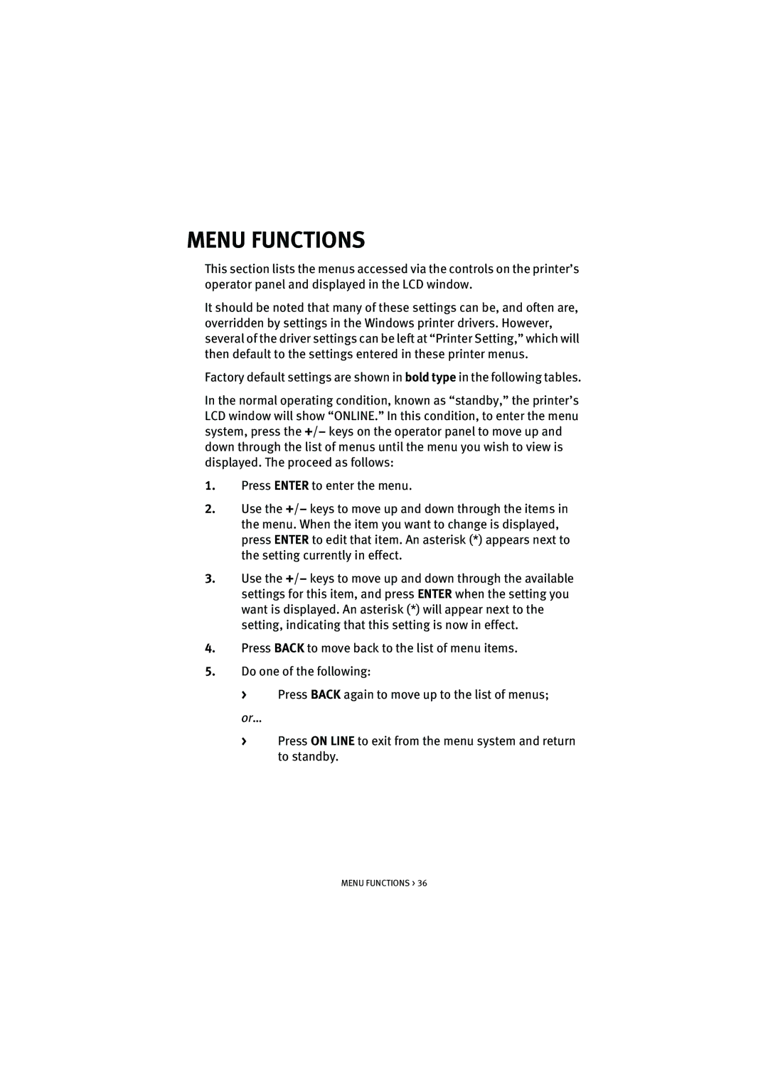 Oki 5100n manual Menu Functions 