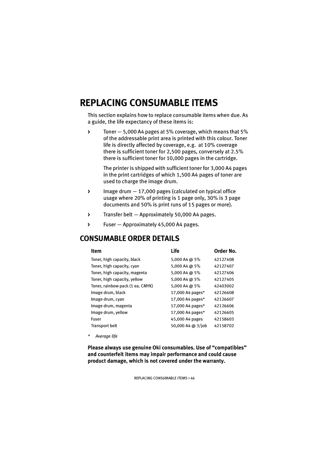 Oki 5100n manual Replacing Consumable Items, Consumable Order Details 