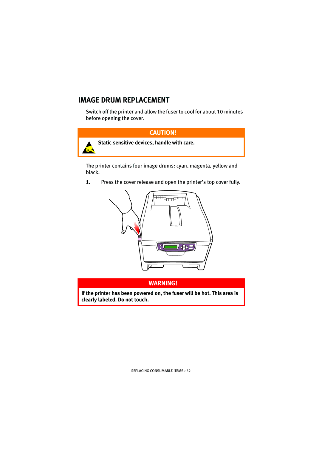 Oki 5100n manual Image Drum Replacement, Static sensitive devices, handle with care 