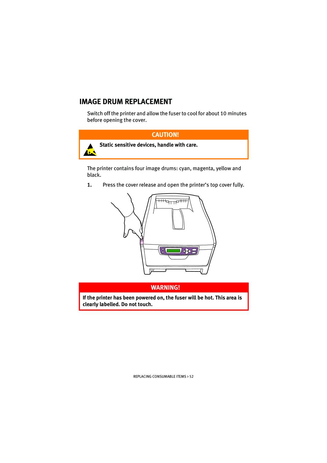 Oki 5200n manual Image Drum Replacement, Static sensitive devices, handle with care 