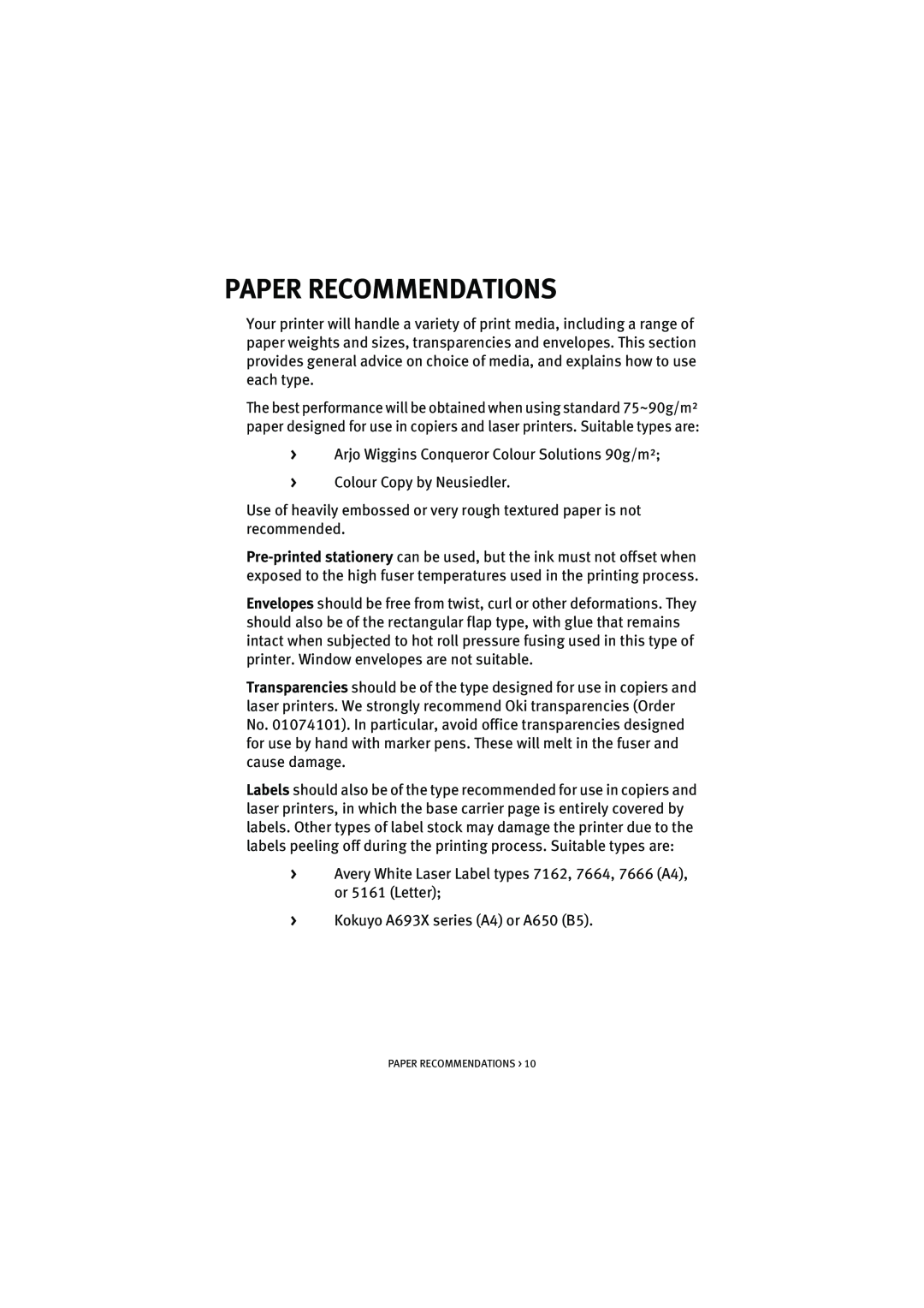 Oki 5200n manual Paper Recommendations 