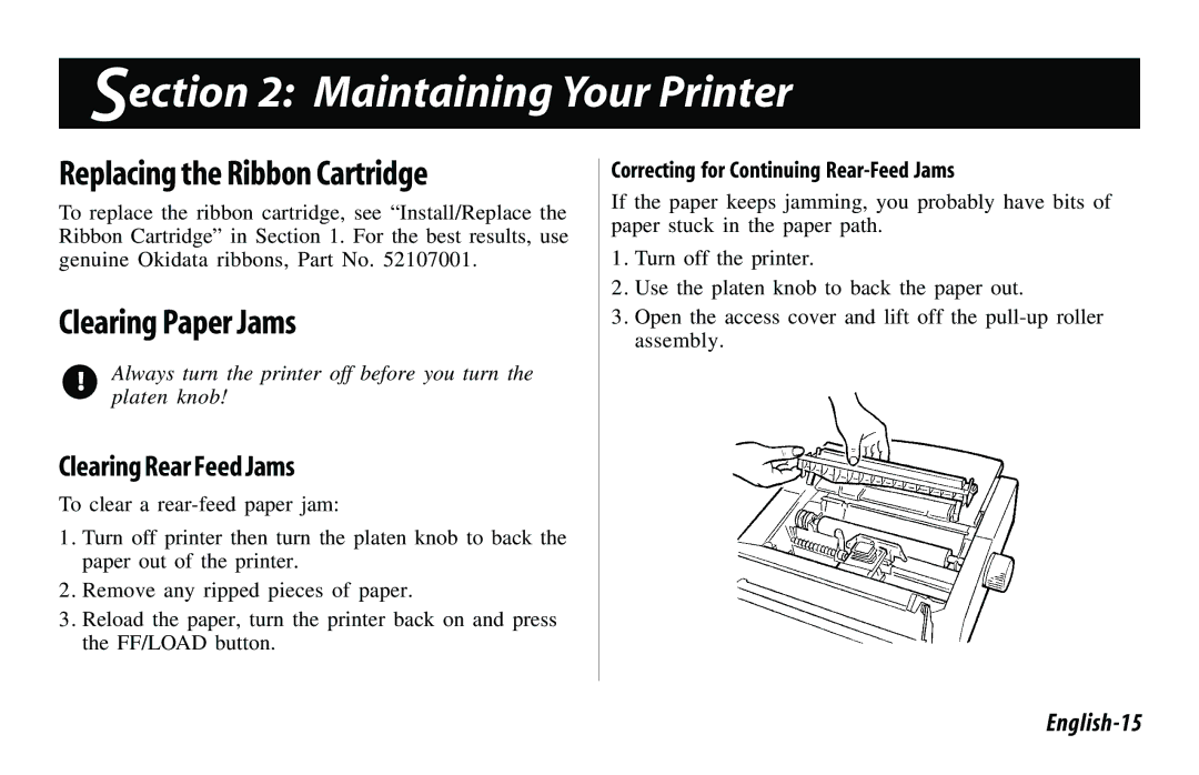 Oki 521 Maintaining Your Printer, Replacing the Ribbon Cartridge, Clearing Paper Jams, Clearing Rear Feed Jams, English-15 