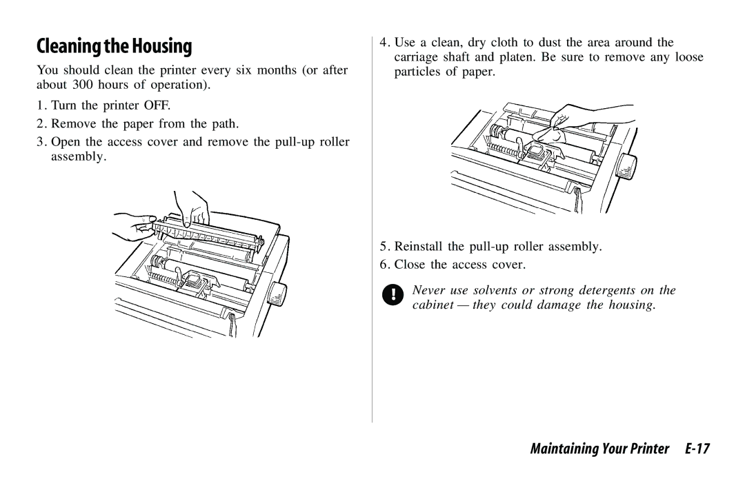 Oki 521, 520 manual Cleaning the Housing, Maintaining Your Printer E-17 