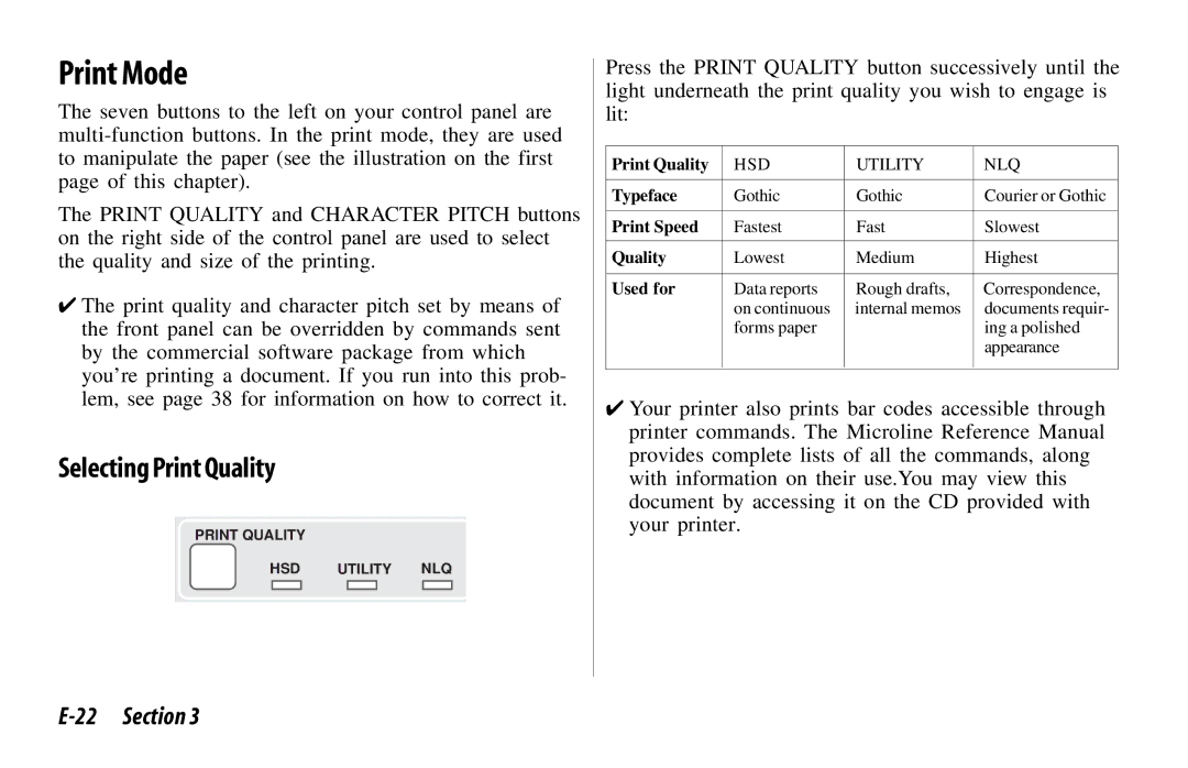 Oki 520, 521 manual Print Mode, Selecting Print Quality 