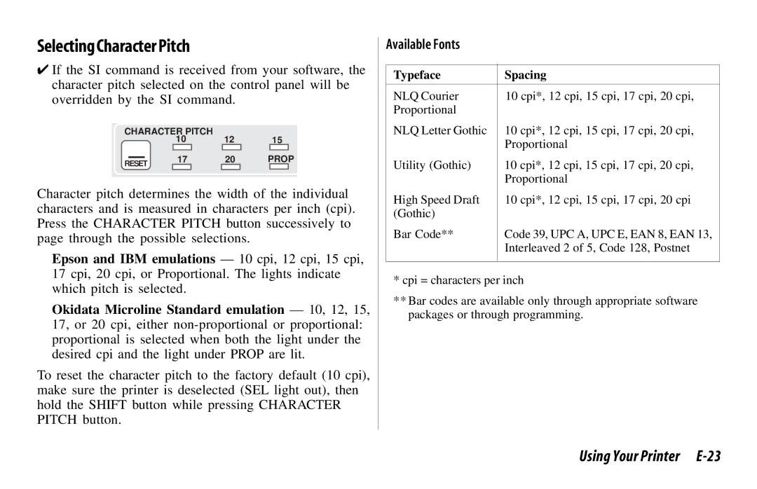 Oki 521, 520 manual Selecting Character Pitch, Using Your Printer E-23, Available Fonts 