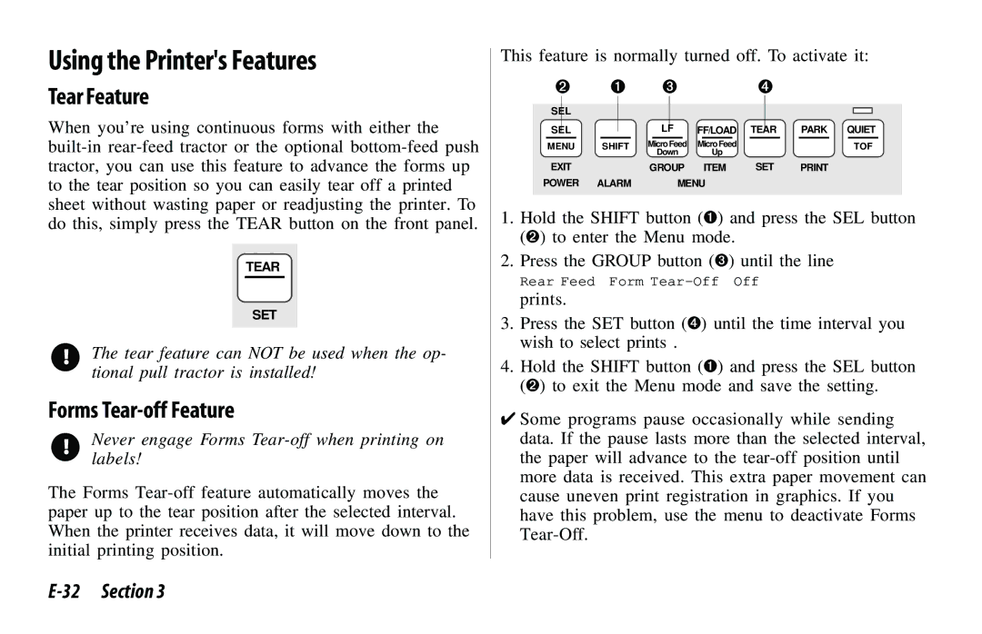 Oki 520, 521 manual Using the Printers Features, Tear Feature, Forms Tear-off Feature 