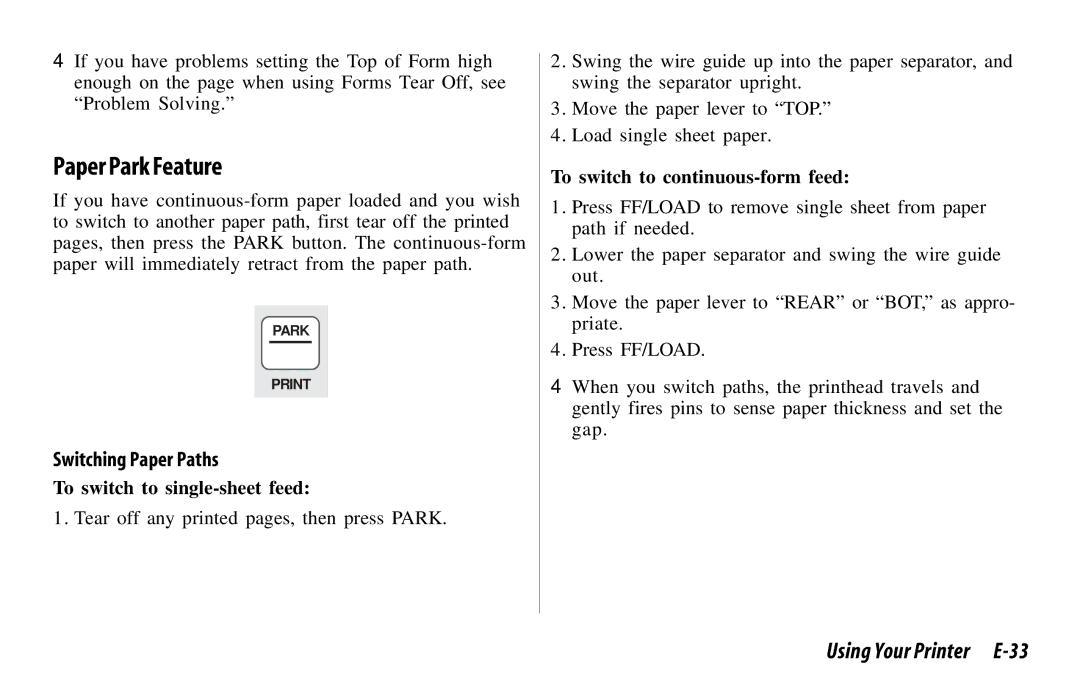 Oki 521, 520 manual Paper Park Feature, Using Your Printer E-33, Switching Paper Paths 