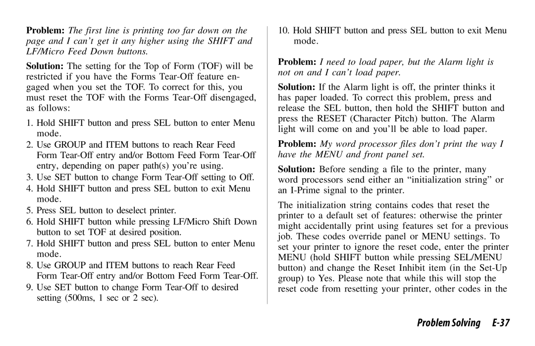 Oki 521, 520 manual Problem Solving E-37 