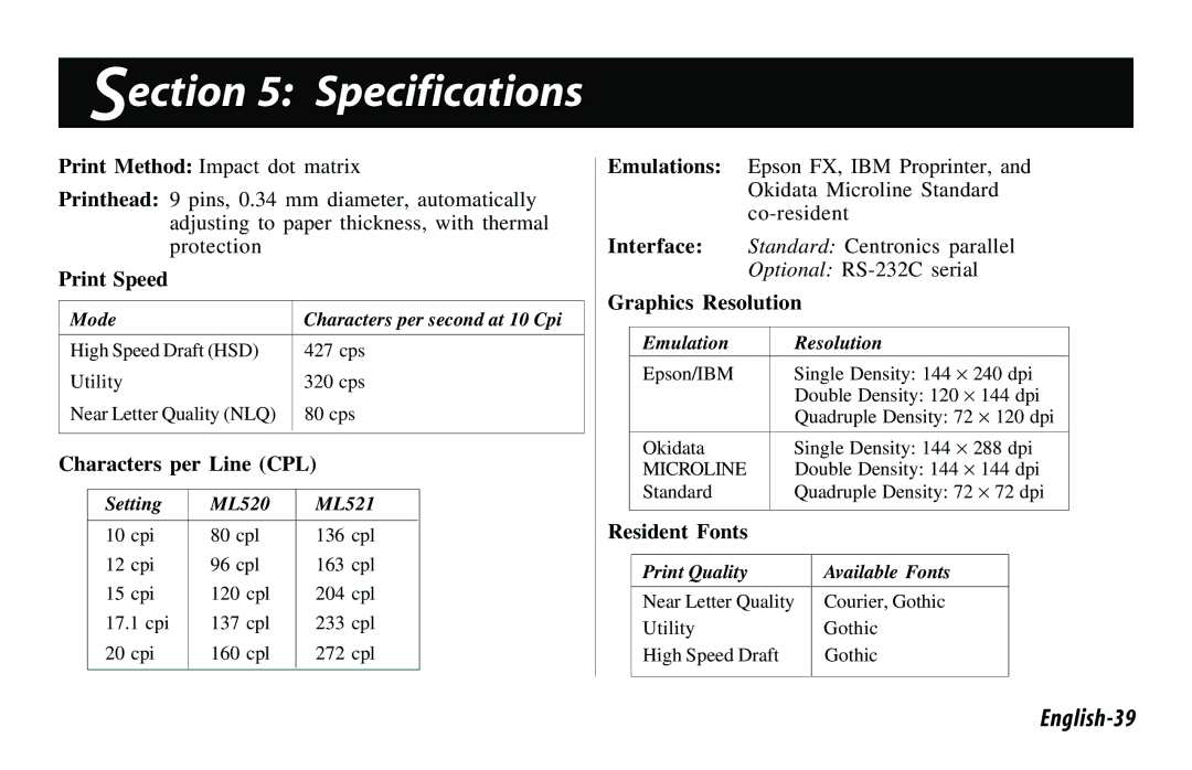 Oki 521, 520 manual Specifications, English-39 