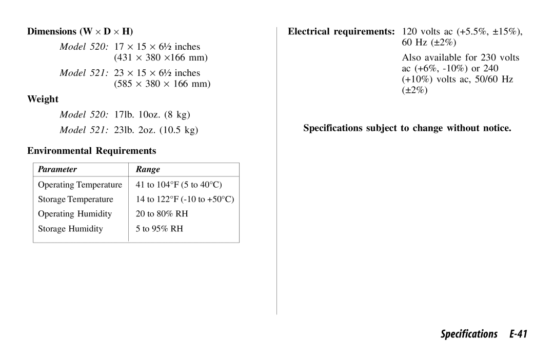 Oki 521, 520 manual Specifications E-41, Environmental Requirements 