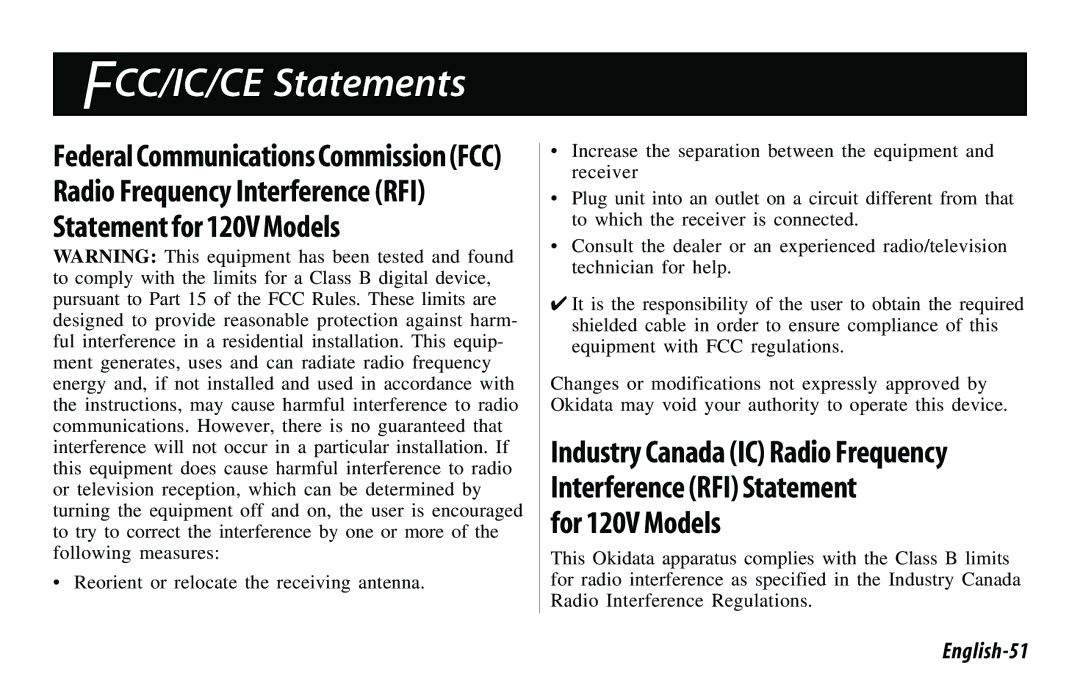 Oki 521, 520 manual FCC/IC/CE Statements, For 120V Models, English-51 